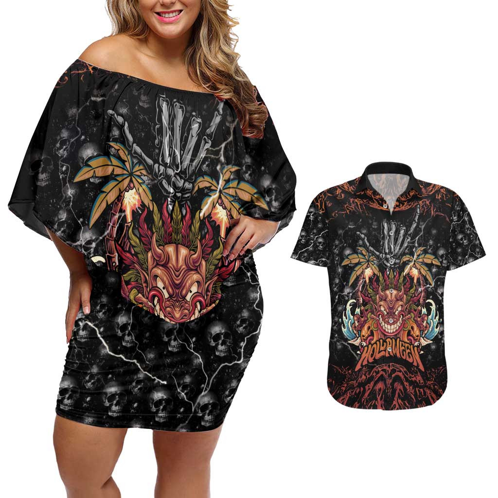 Aloha Halloween Couples Matching Off Shoulder Short Dress and Hawaiian Shirt Horror Tiki Heavy Metal Style - Polynesian Pride