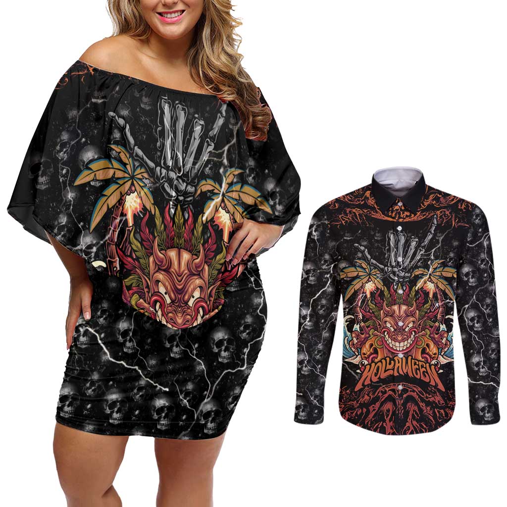 Aloha Halloween Couples Matching Off Shoulder Short Dress and Long Sleeve Button Shirt Horror Tiki Heavy Metal Style - Polynesian Pride