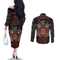 Aloha Halloween Couples Matching Off The Shoulder Long Sleeve Dress and Long Sleeve Button Shirt Horror Tiki Heavy Metal Style - Polynesian Pride