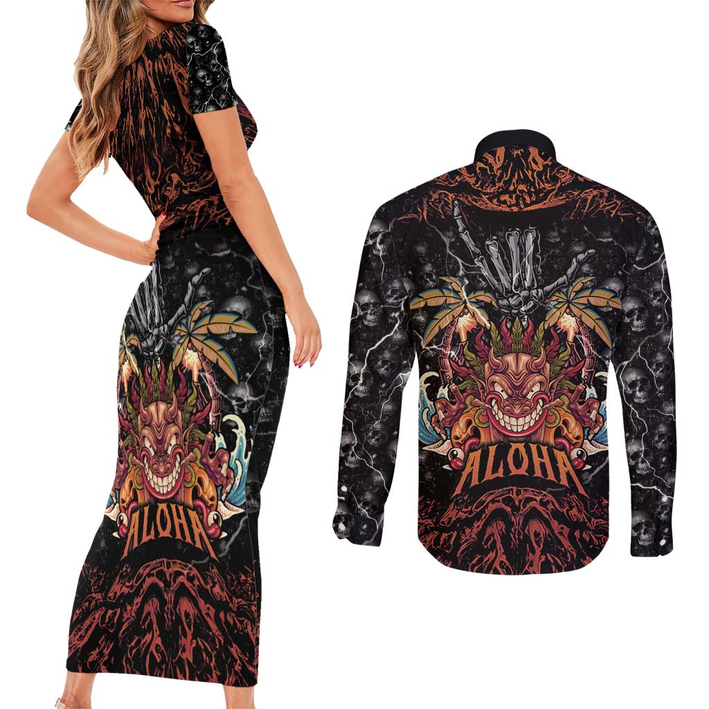 Aloha Halloween Couples Matching Short Sleeve Bodycon Dress and Long Sleeve Button Shirt Horror Tiki Heavy Metal Style - Polynesian Pride