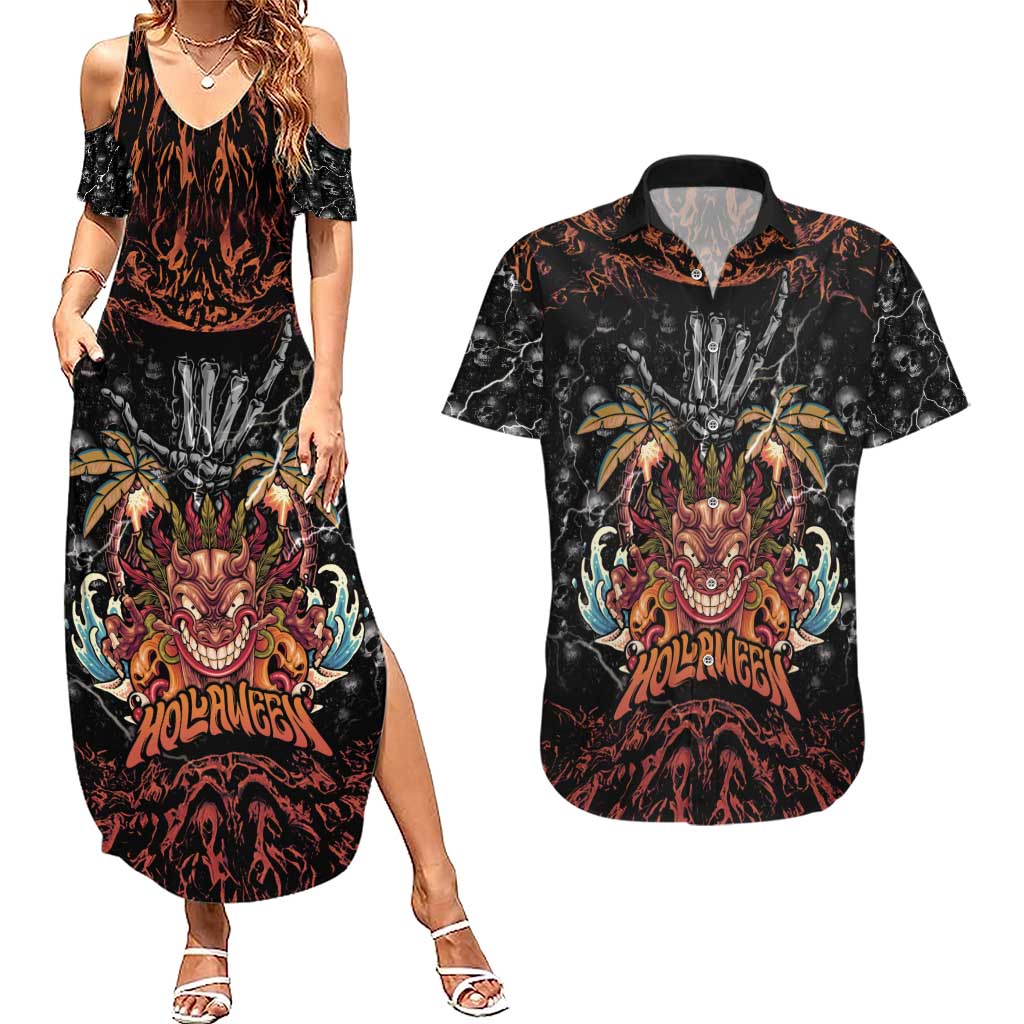 Aloha Halloween Couples Matching Summer Maxi Dress and Hawaiian Shirt Horror Tiki Heavy Metal Style - Polynesian Pride