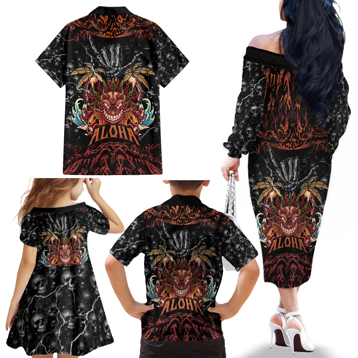 Aloha Halloween Family Matching Off The Shoulder Long Sleeve Dress and Hawaiian Shirt Horror Tiki Heavy Metal Style - Polynesian Pride
