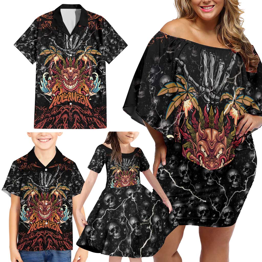 Aloha Halloween Family Matching Off Shoulder Short Dress and Hawaiian Shirt Horror Tiki Heavy Metal Style - Polynesian Pride