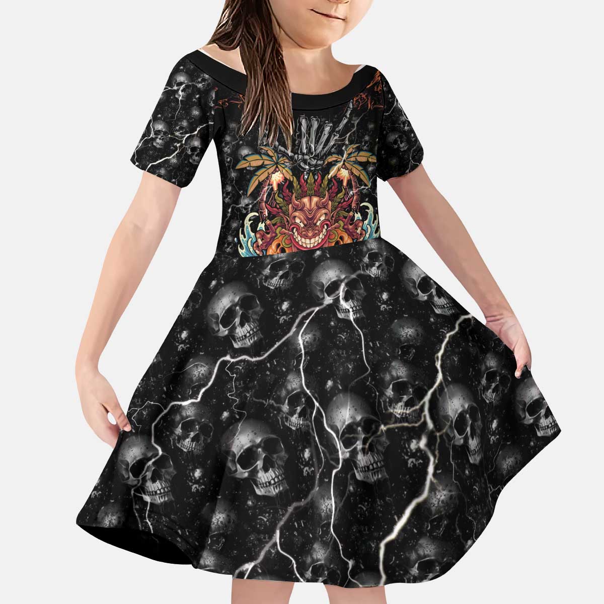 Aloha Halloween Kid Short Sleeve Dress Horror Tiki Heavy Metal Style - Polynesian Pride