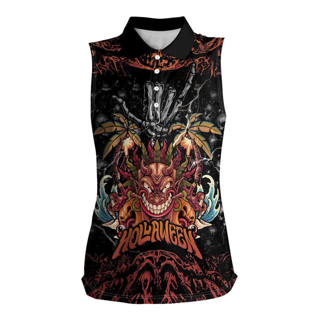 Aloha Halloween Women Sleeveless Polo Shirt Horror Tiki Heavy Metal Style - Polynesian Pride