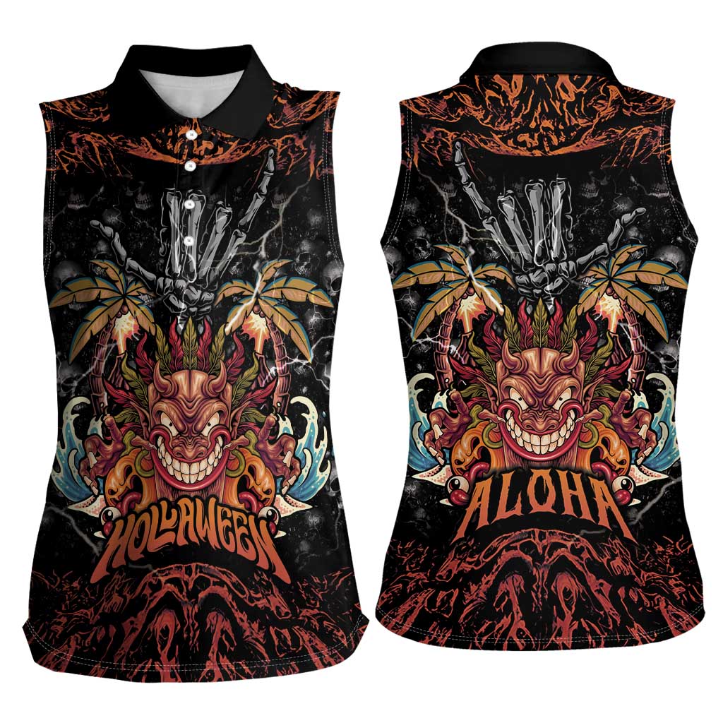 Aloha Halloween Women Sleeveless Polo Shirt Horror Tiki Heavy Metal Style - Polynesian Pride