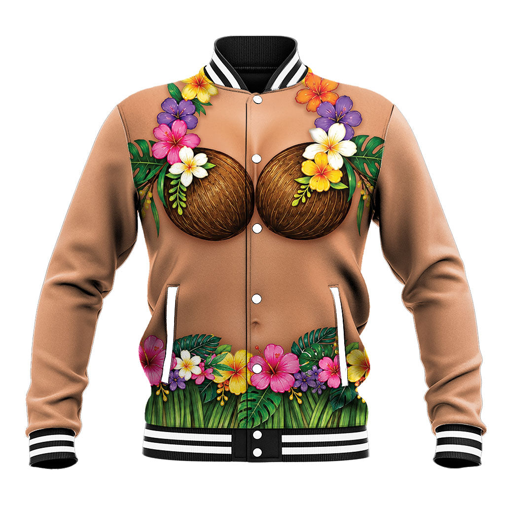 Hawaii Hula Costume Baseball Jacket Coconut Bra Lei Flowers Grass Skirt LT05 Unisex Beige - Polynesian Pride