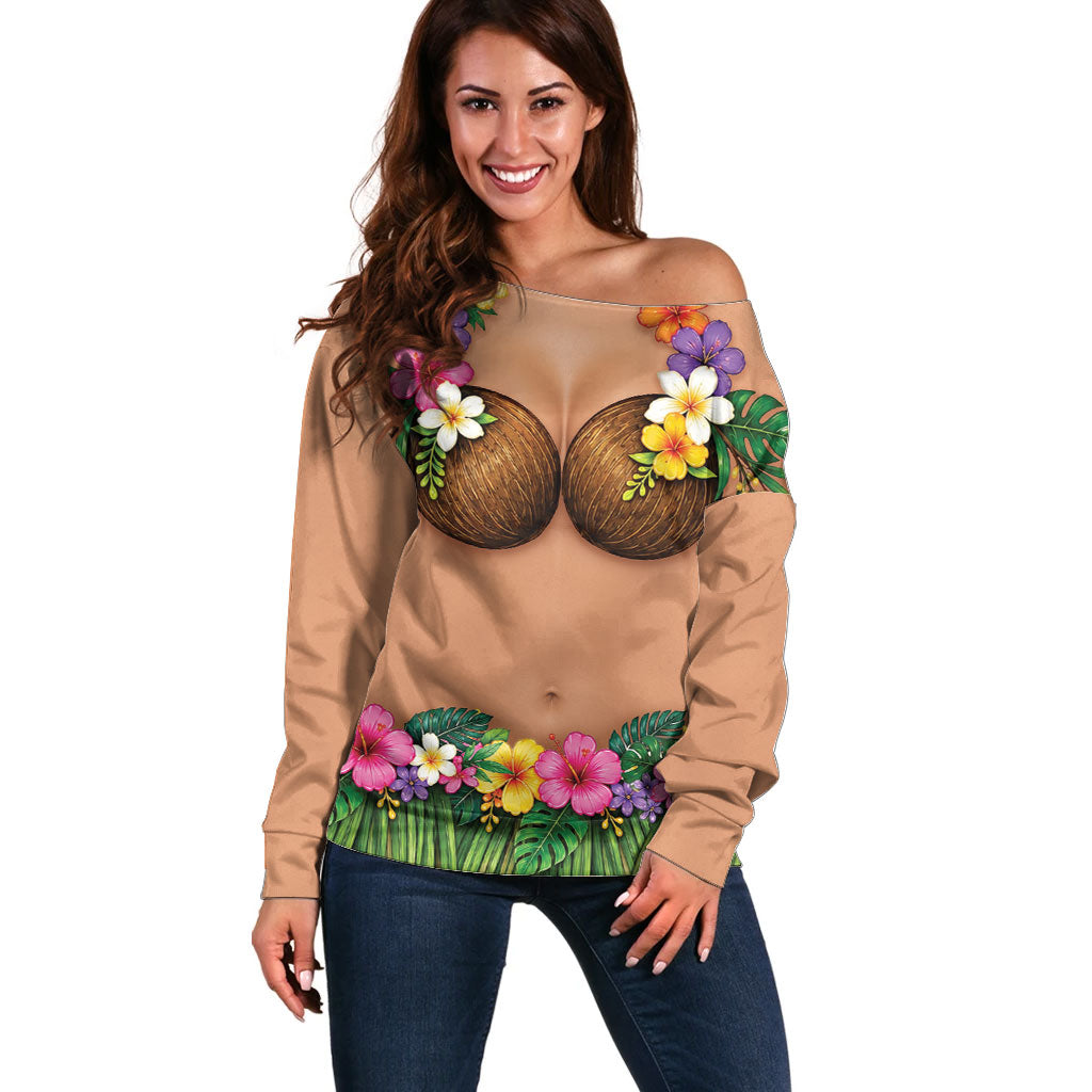 Hawaii Hula Costume Off Shoulder Sweater Coconut Bra Lei Flowers Grass Skirt LT05 Women Beige - Polynesian Pride