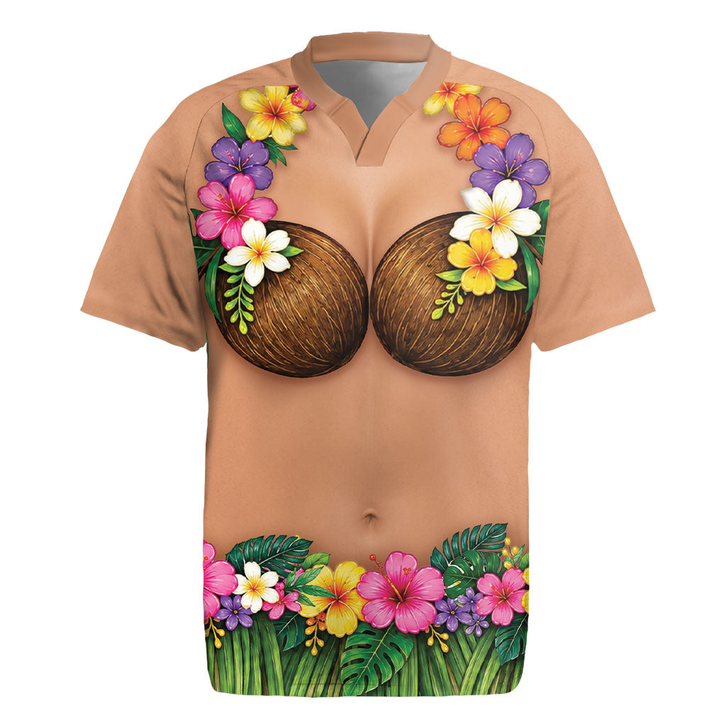 Hawaii Hula Costume Rugby Jersey Coconut Bra Lei Flowers Grass Skirt LT05 Beige - Polynesian Pride