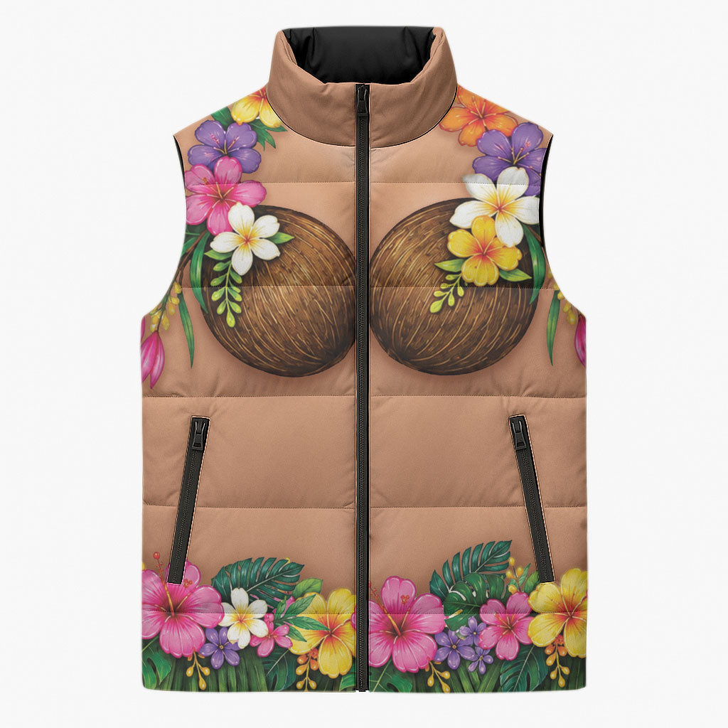 Hawaii Hula Costume Sleeveless Puffer Jacket Coconut Bra Lei Flowers Grass Skirt LT05 Unisex Beige - Polynesian Pride