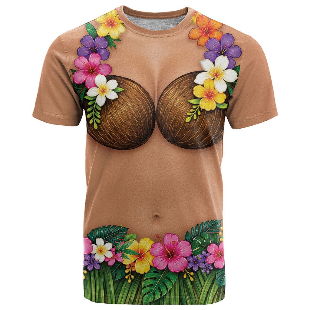 Hawaii Hula Costume T Shirt Coconut Bra Lei Flowers Grass Skirt LT05 Beige - Polynesian Pride