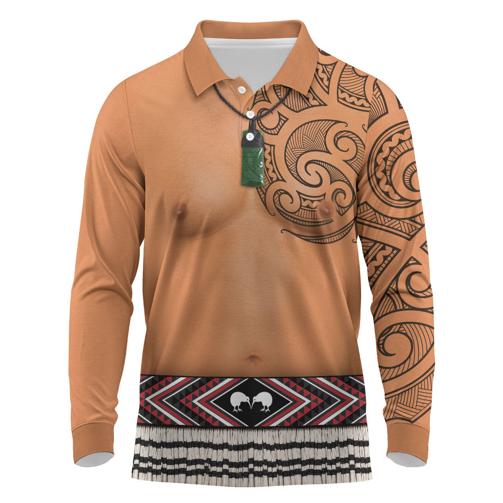 New Zealand Maori Tattoo Costume Long Sleeve Polo Shirt LT05 Beige - Polynesian Pride