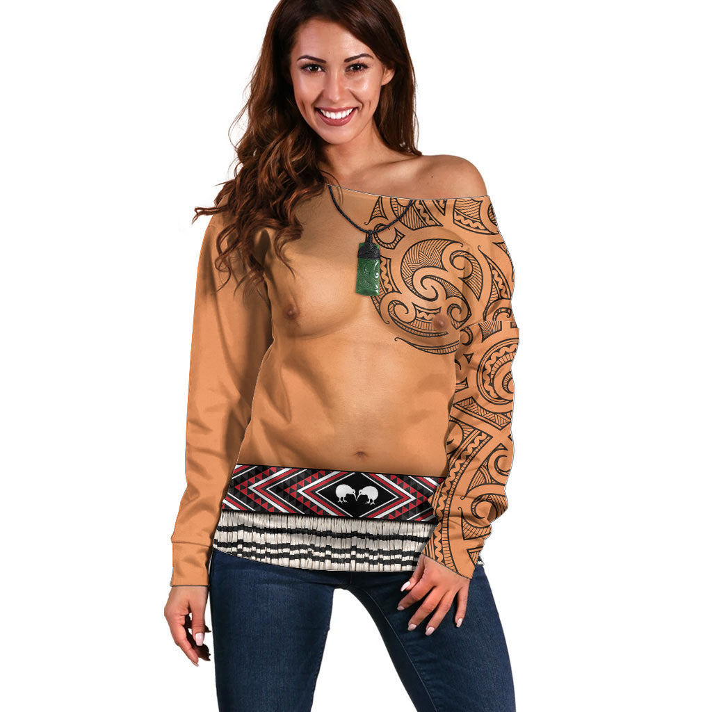 New Zealand Maori Tattoo Costume Off Shoulder Sweater LT05 Women Beige - Polynesian Pride