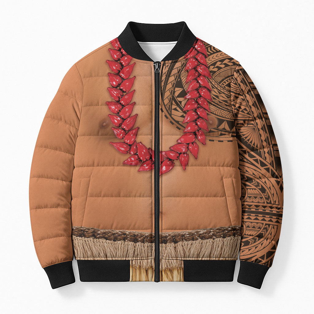 Samoa Tribal Tattoo Costume Bomber Puffer Jacket Ula Fala Necklace LT05 Unisex Beige - Polynesian Pride