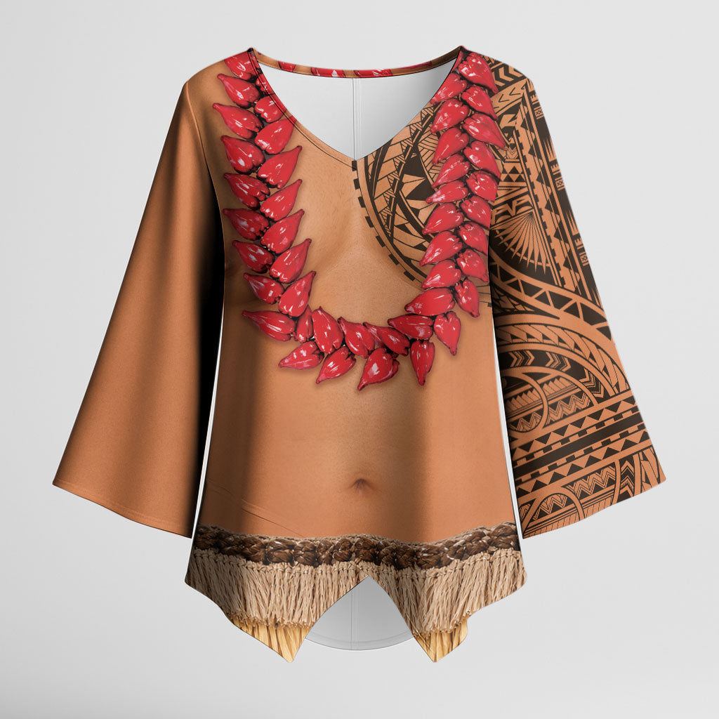 Samoa Tribal Tattoo Costume Kimono Sleeve Blouse Ula Fala Necklace LT05 Female Beige - Polynesian Pride