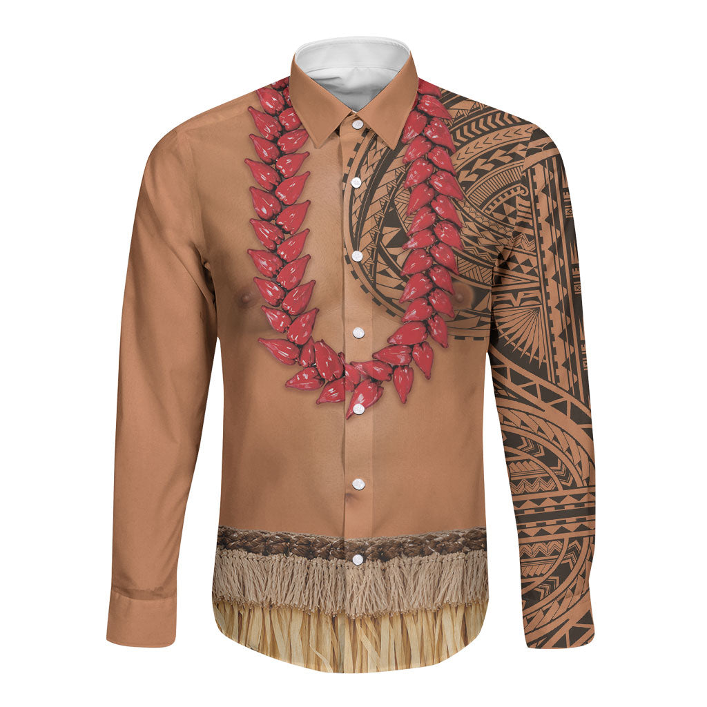 Samoa Tribal Tattoo Costume Long Sleeve Button Shirt Ula Fala Necklace LT05 Unisex Beige - Polynesian Pride