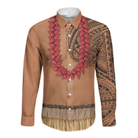 Samoa Tribal Tattoo Costume Long Sleeve Button Shirt Ula Fala Necklace LT05 Unisex Beige - Polynesian Pride