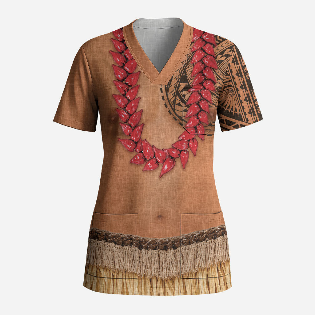Samoa Tribal Tattoo Costume Scrub Top Ula Fala Necklace