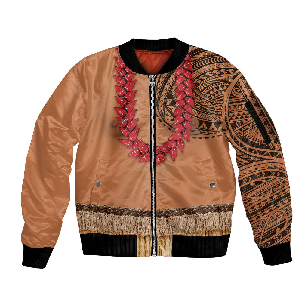 Samoa Tribal Tattoo Costume Sleeve Zip Bomber Jacket Ula Fala Necklace LT05 Unisex Beige - Polynesian Pride
