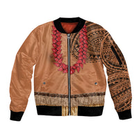 Samoa Tribal Tattoo Costume Sleeve Zip Bomber Jacket Ula Fala Necklace LT05 Unisex Beige - Polynesian Pride