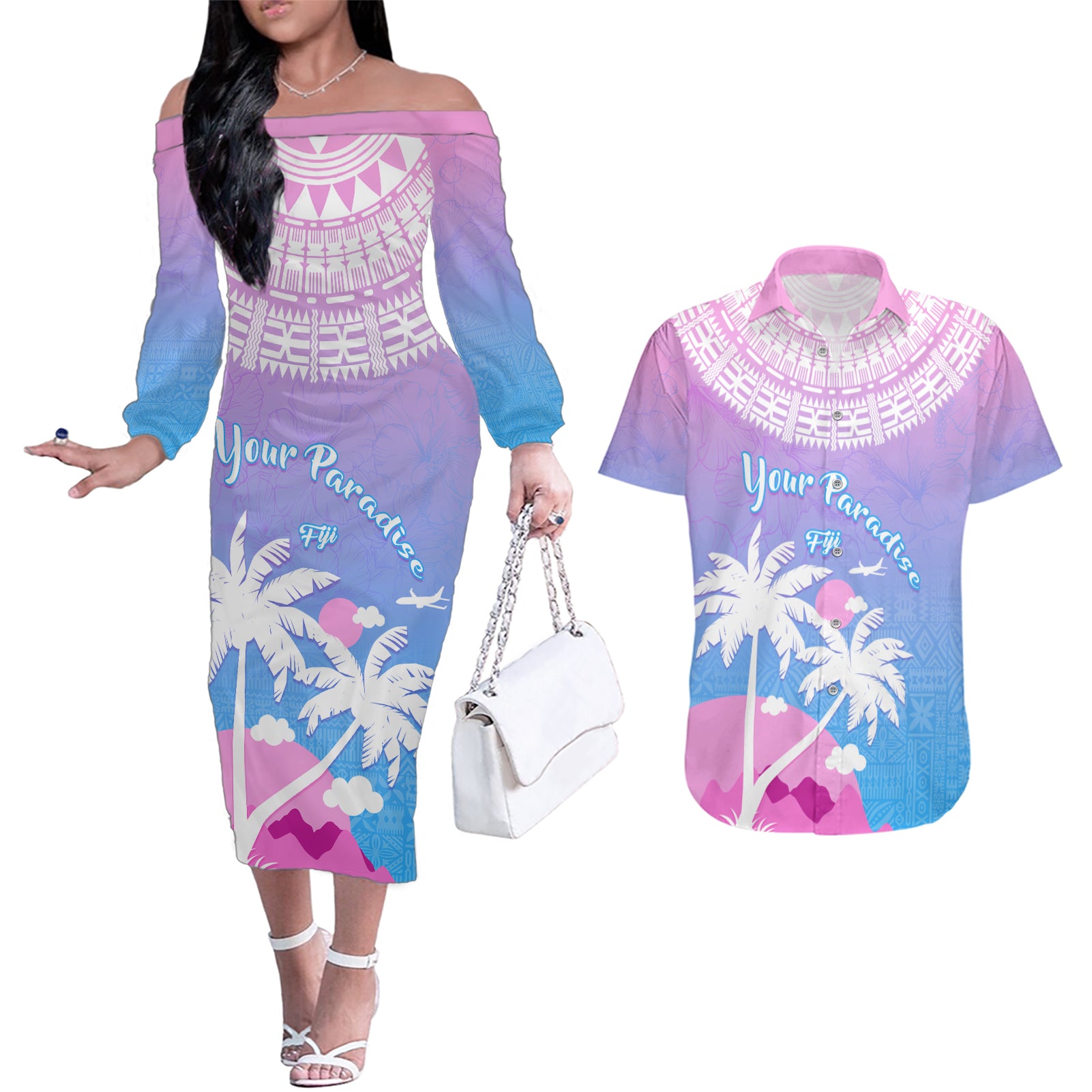 Personalised Fiji Your Paradise Festival Couples Matching Off The Shoulder Long Sleeve Dress and Hawaiian Shirt With Fijian Masi Tapa Pattern LT05 Blue - Polynesian Pride