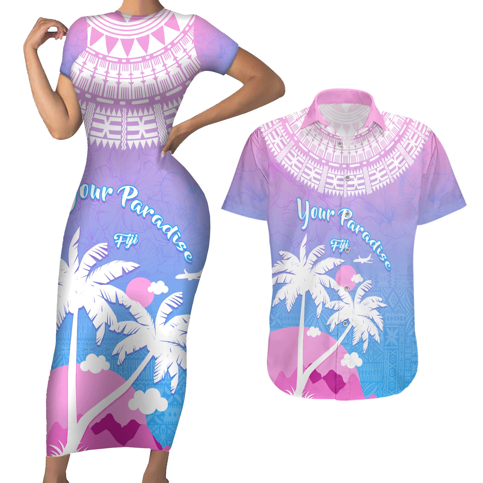 Personalised Fiji Your Paradise Festival Couples Matching Short Sleeve Bodycon Dress and Hawaiian Shirt With Fijian Masi Tapa Pattern LT05 Blue - Polynesian Pride