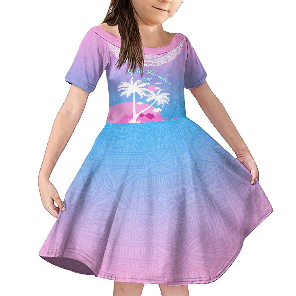 Personalised Fiji Your Paradise Festival Family Matching Long Sleeve Bodycon Dress and Hawaiian Shirt With Fijian Masi Tapa Pattern LT05 Daughter's Dress Blue - Polynesian Pride