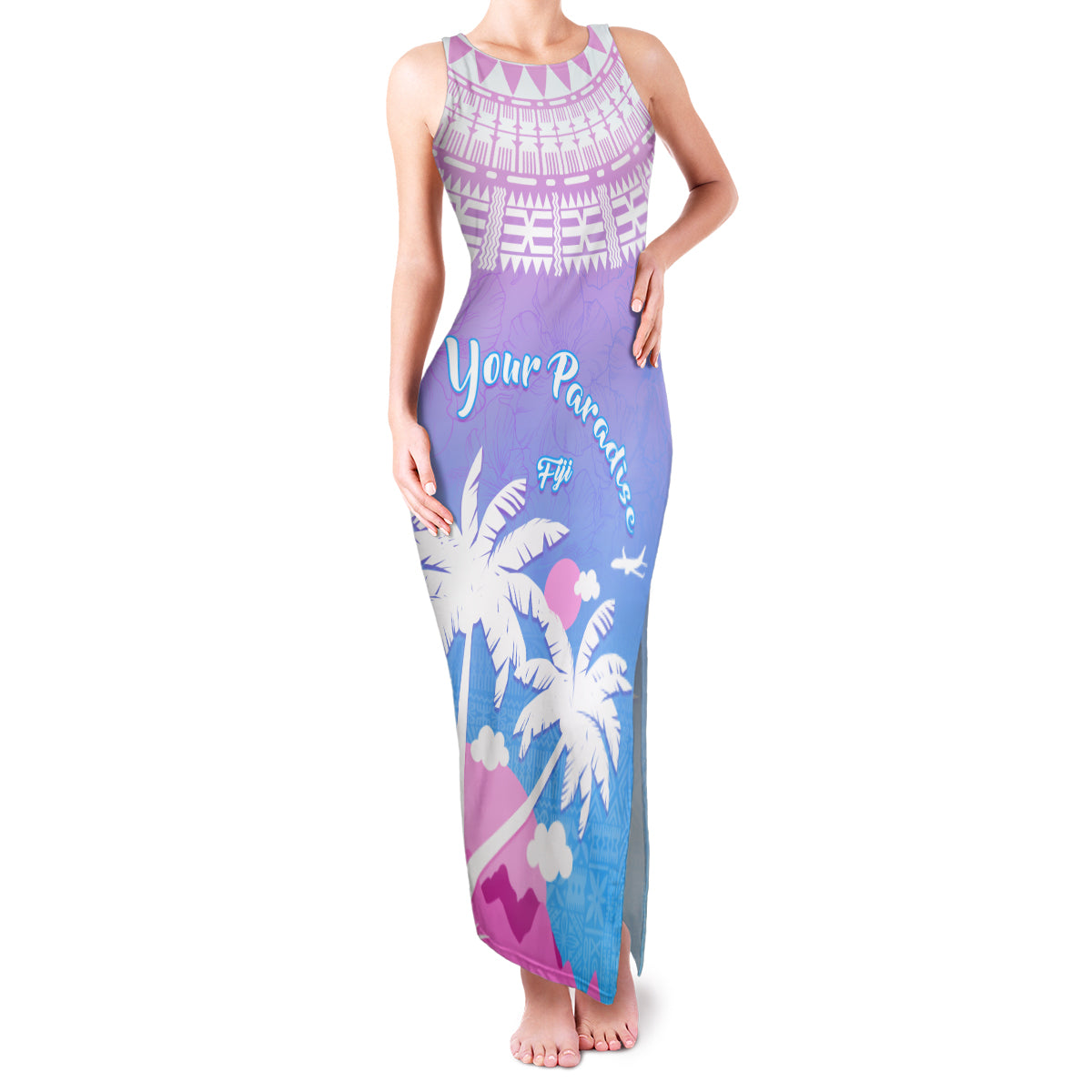 Personalised Fiji Your Paradise Festival Family Matching Tank Maxi Dress and Hawaiian Shirt With Fijian Masi Tapa Pattern LT05 Mom's Dress Blue - Polynesian Pride