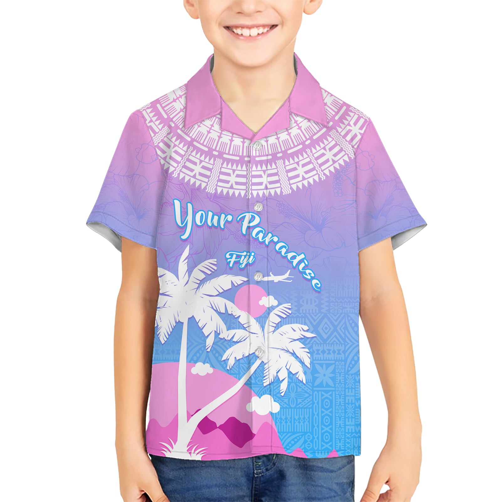 Personalised Fiji Your Paradise Festival Kid Hawaiian Shirt With Fijian Masi Tapa Pattern LT05 Kid Blue - Polynesian Pride