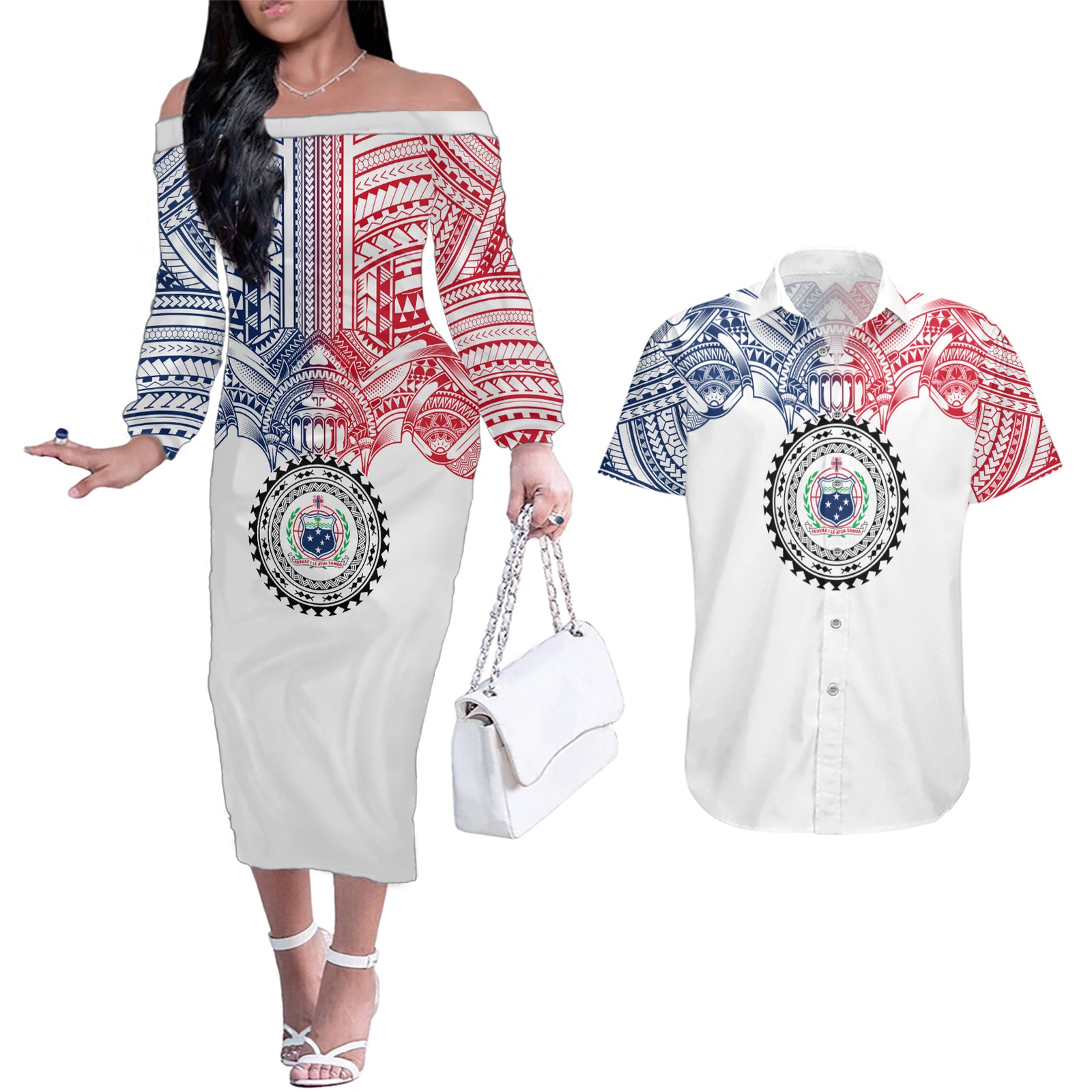 Samoa Black Saturday Couples Matching Off The Shoulder Long Sleeve Dress and Hawaiian Shirt Polynesian Tribal Simple Style LT05 White - Polynesian Pride