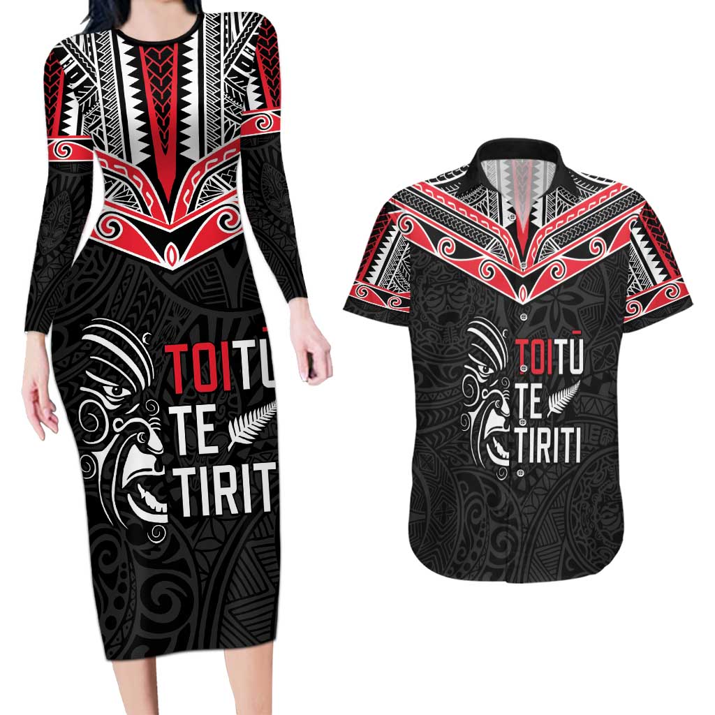 Aotearoa Toitu Te Tiriti Couples Matching Long Sleeve Bodycon Dress and Hawaiian Shirt New Zealand Honour The Treaty