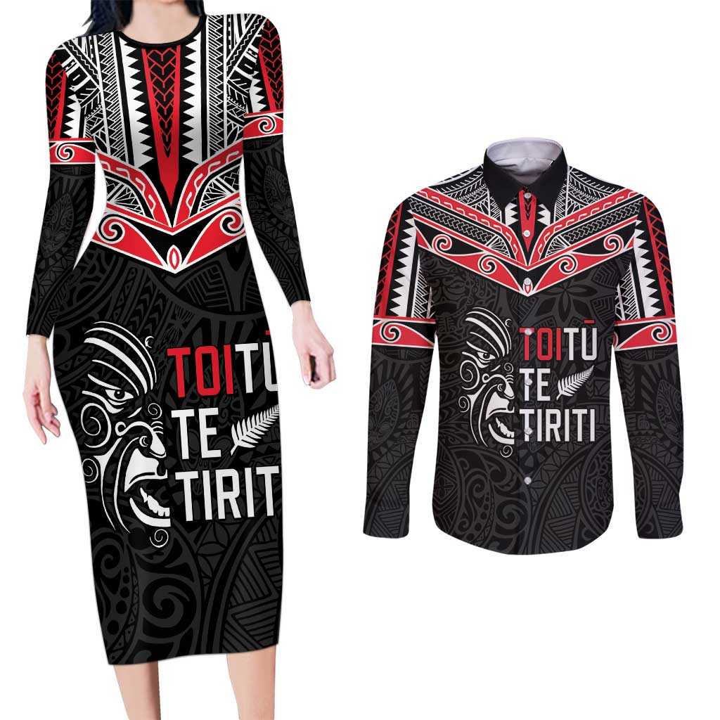 Aotearoa Toitu Te Tiriti Couples Matching Long Sleeve Bodycon Dress and Long Sleeve Button Shirt New Zealand Honour The Treaty