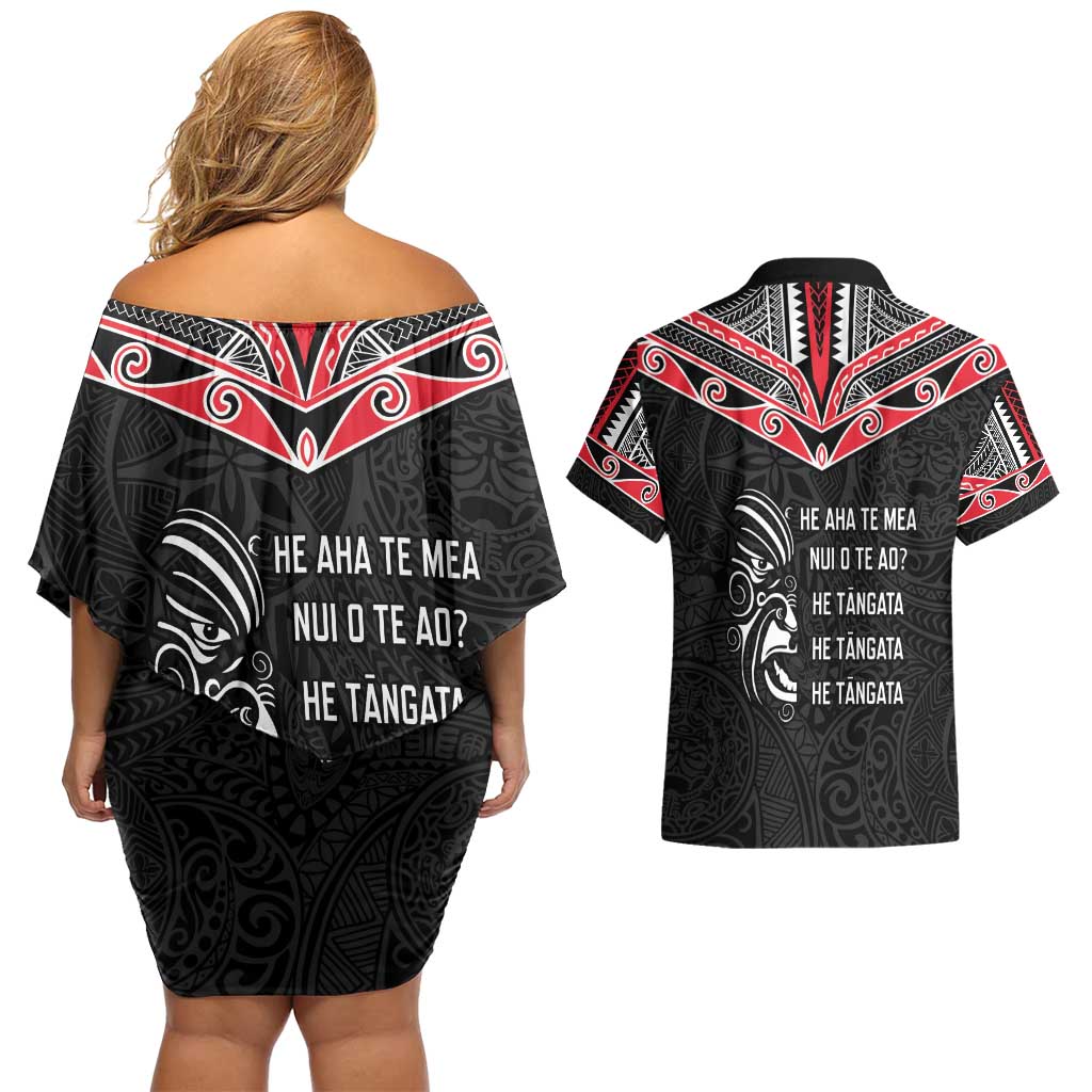 Aotearoa Toitu Te Tiriti Couples Matching Off Shoulder Short Dress and Hawaiian Shirt New Zealand Honour The Treaty