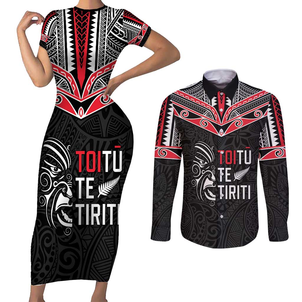 Aotearoa Toitu Te Tiriti Couples Matching Short Sleeve Bodycon Dress and Long Sleeve Button Shirt New Zealand Honour The Treaty
