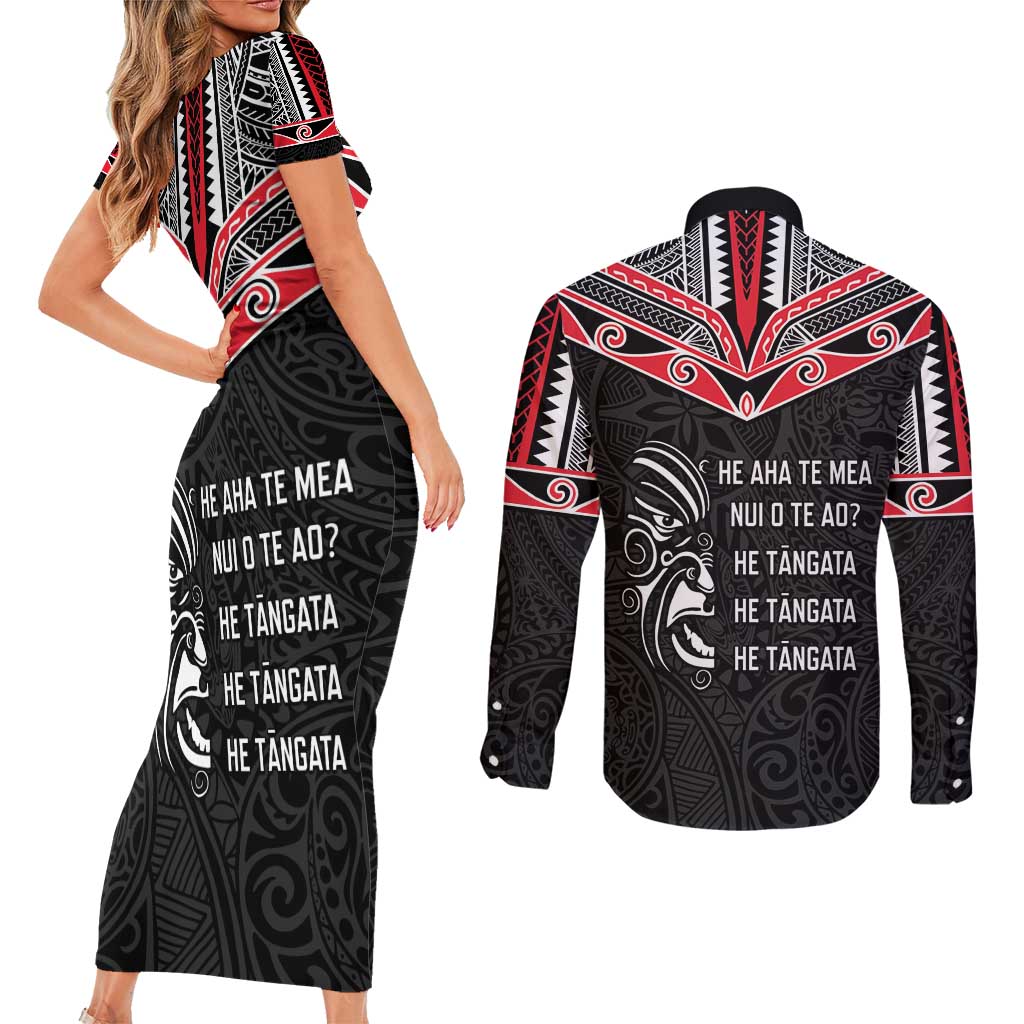 Aotearoa Toitu Te Tiriti Couples Matching Short Sleeve Bodycon Dress and Long Sleeve Button Shirt New Zealand Honour The Treaty LT05 - Polynesian Pride