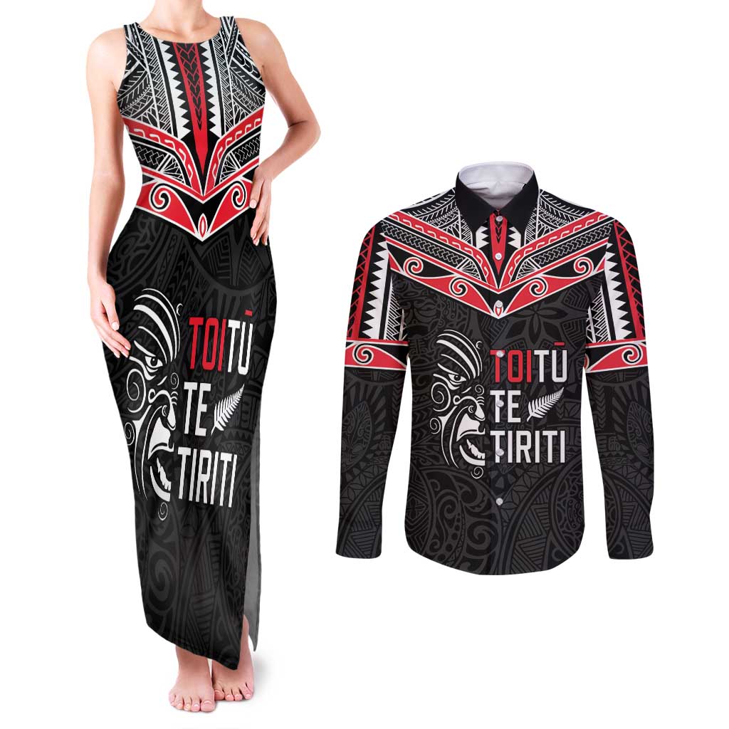Aotearoa Toitu Te Tiriti Couples Matching Tank Maxi Dress and Long Sleeve Button Shirt New Zealand Honour The Treaty