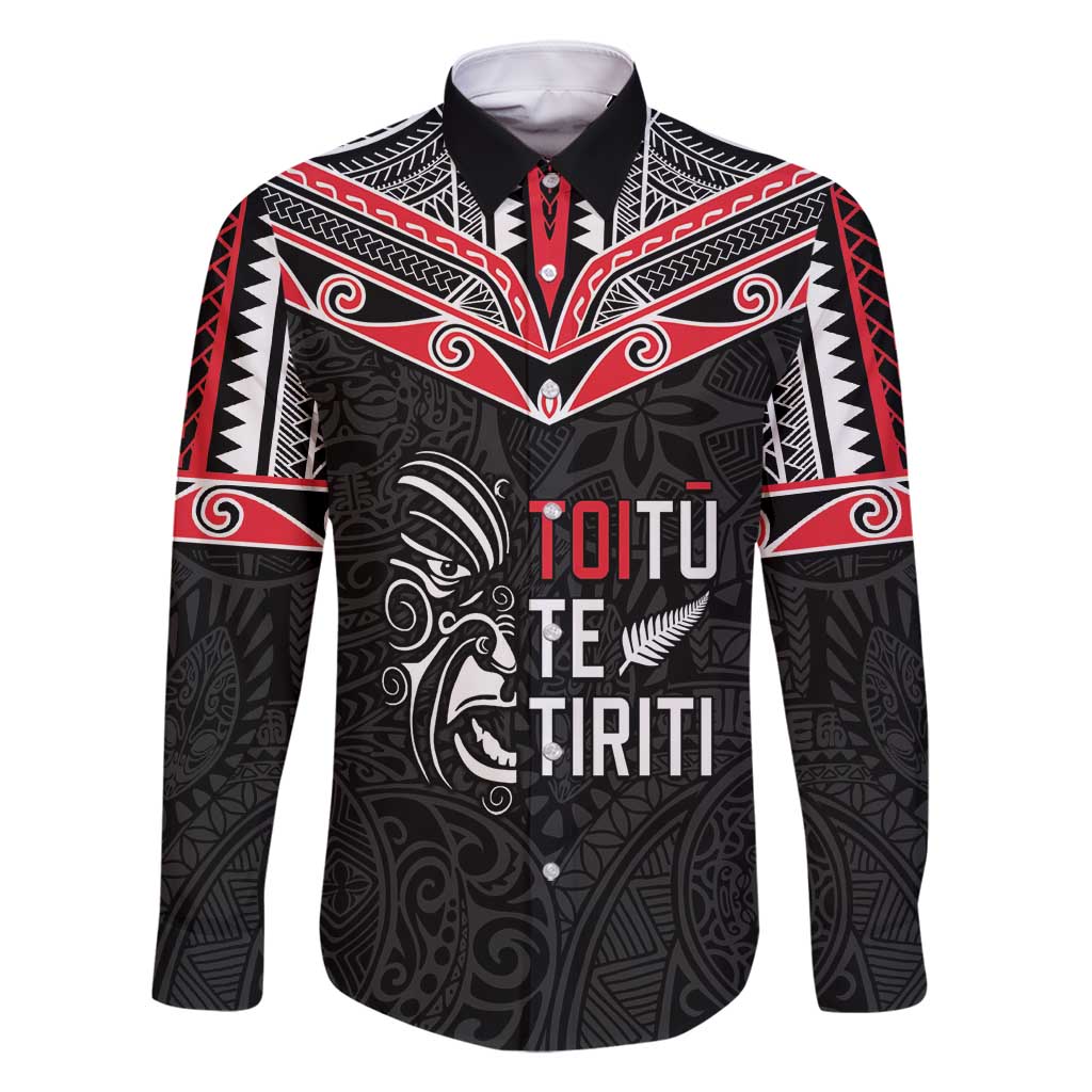 Aotearoa Toitu Te Tiriti Family Matching Long Sleeve Bodycon Dress and Hawaiian Shirt New Zealand Honour The Treaty LT05 Dad's Shirt - Long Sleeve Black - Polynesian Pride
