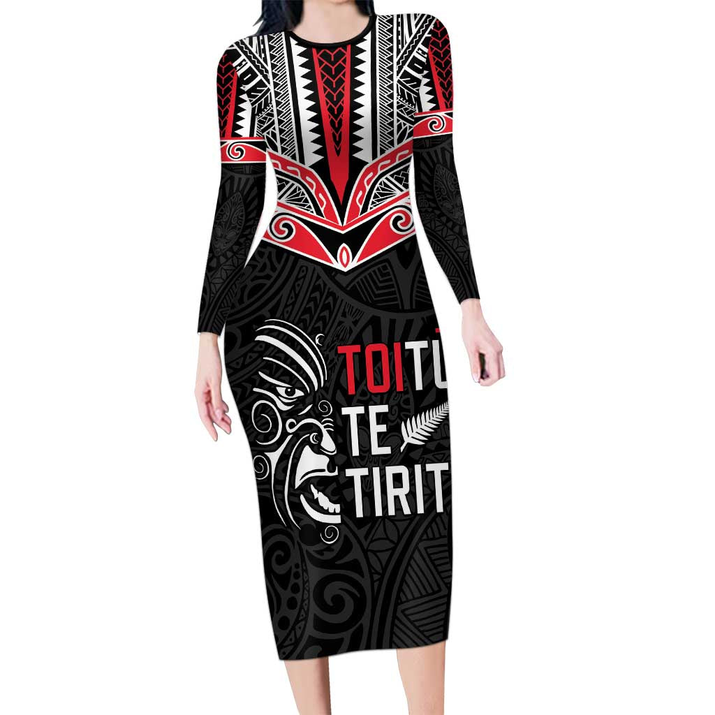 Aotearoa Toitu Te Tiriti Long Sleeve Bodycon Dress New Zealand Honour The Treaty LT05 Long Dress Black - Polynesian Pride