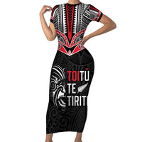 Aotearoa Toitu Te Tiriti Short Sleeve Bodycon Dress New Zealand Honour The Treaty LT05 Long Dress Black - Polynesian Pride