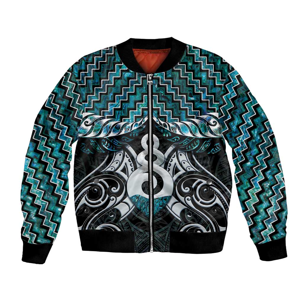 New Zealand Maori Bomber Jacket Poutama Pikorua Turquoise Paua Shell