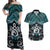 New Zealand Maori Couples Matching Off Shoulder Maxi Dress and Hawaiian Shirt Poutama Pikorua Turquoise Paua Shell