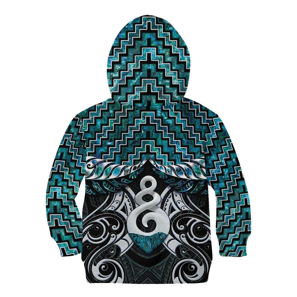 New Zealand Maori Kid Hoodie Poutama Pikorua Turquoise Paua Shell