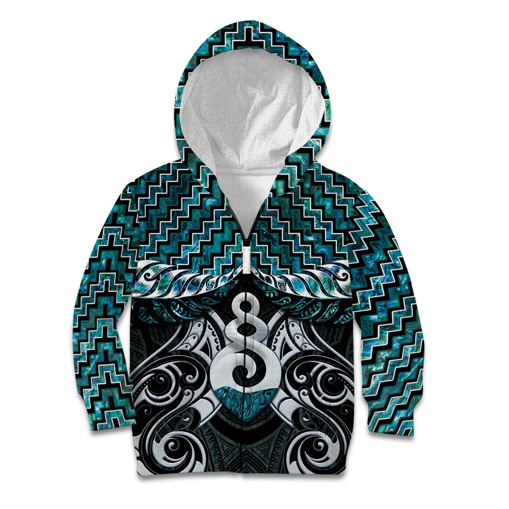 New Zealand Maori Kid Hoodie Poutama Pikorua Turquoise Paua Shell