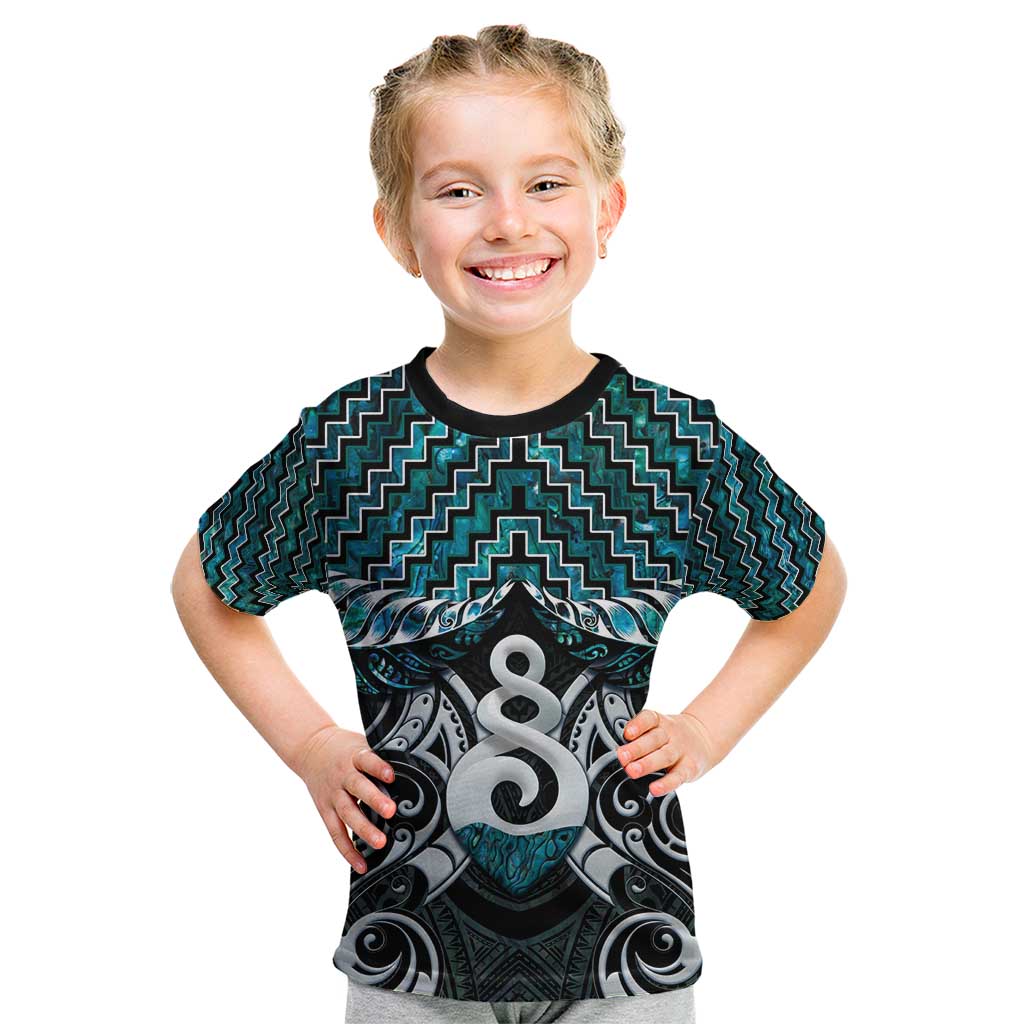 New Zealand Maori Kid T Shirt Poutama Pikorua Turquoise Paua Shell