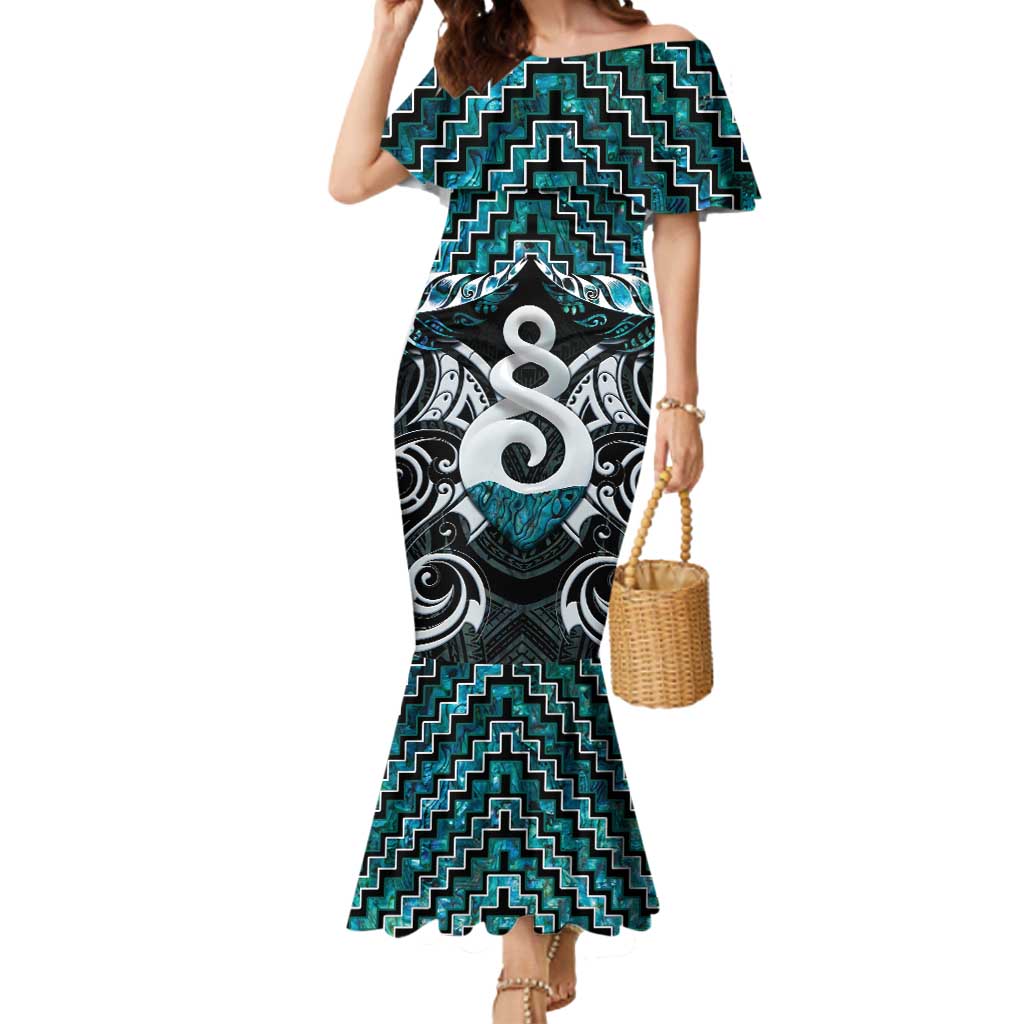 New Zealand Maori Mermaid Dress Poutama Pikorua Turquoise Paua Shell