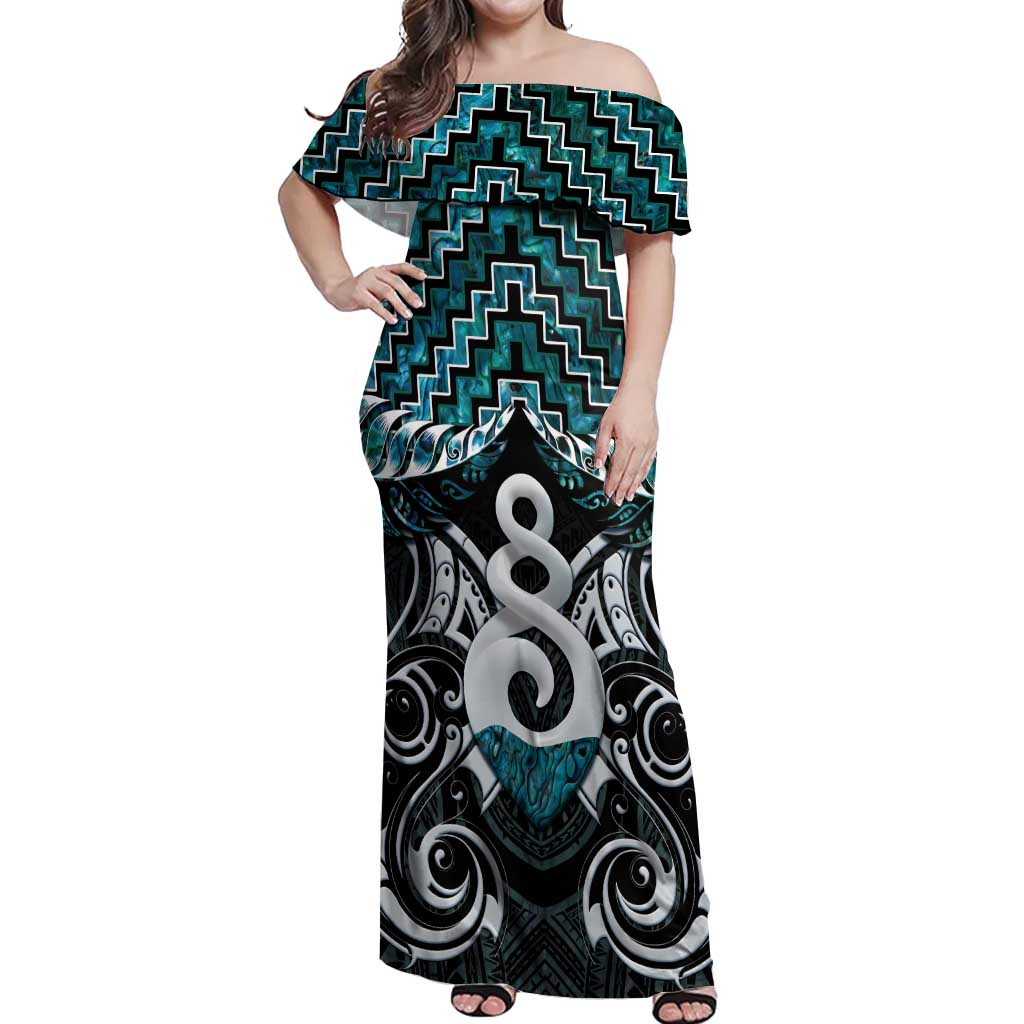 New Zealand Maori Off Shoulder Maxi Dress Poutama Pikorua Turquoise Paua Shell