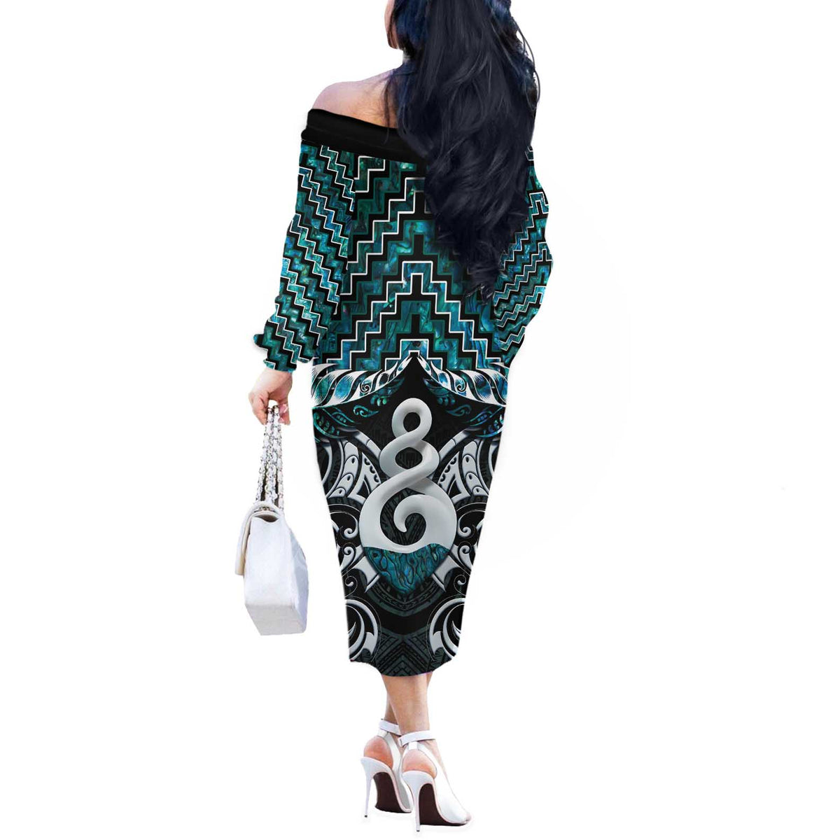 New Zealand Maori Off The Shoulder Long Sleeve Dress Poutama Pikorua Turquoise Paua Shell LT05 - Polynesian Pride