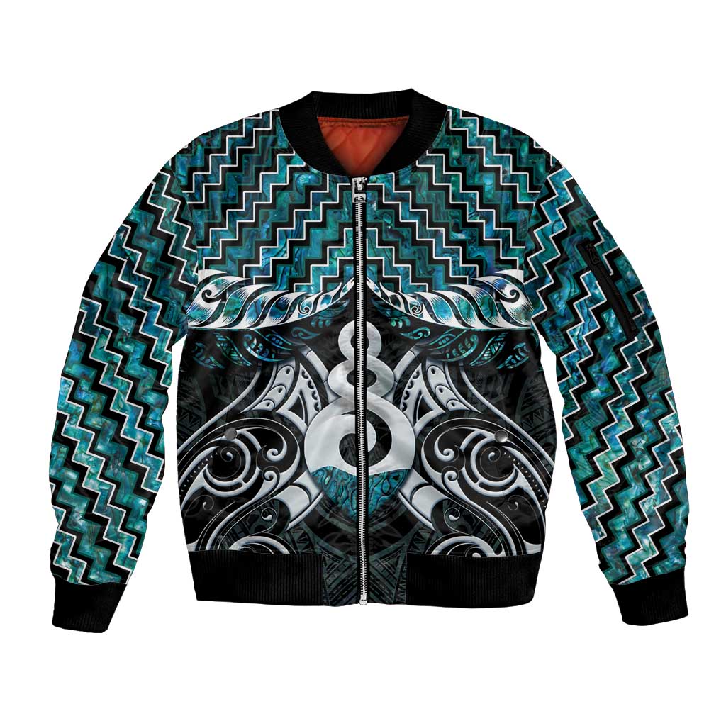 New Zealand Maori Sleeve Zip Bomber Jacket Poutama Pikorua Turquoise Paua Shell LT05 Unisex Turquoise - Polynesian Pride