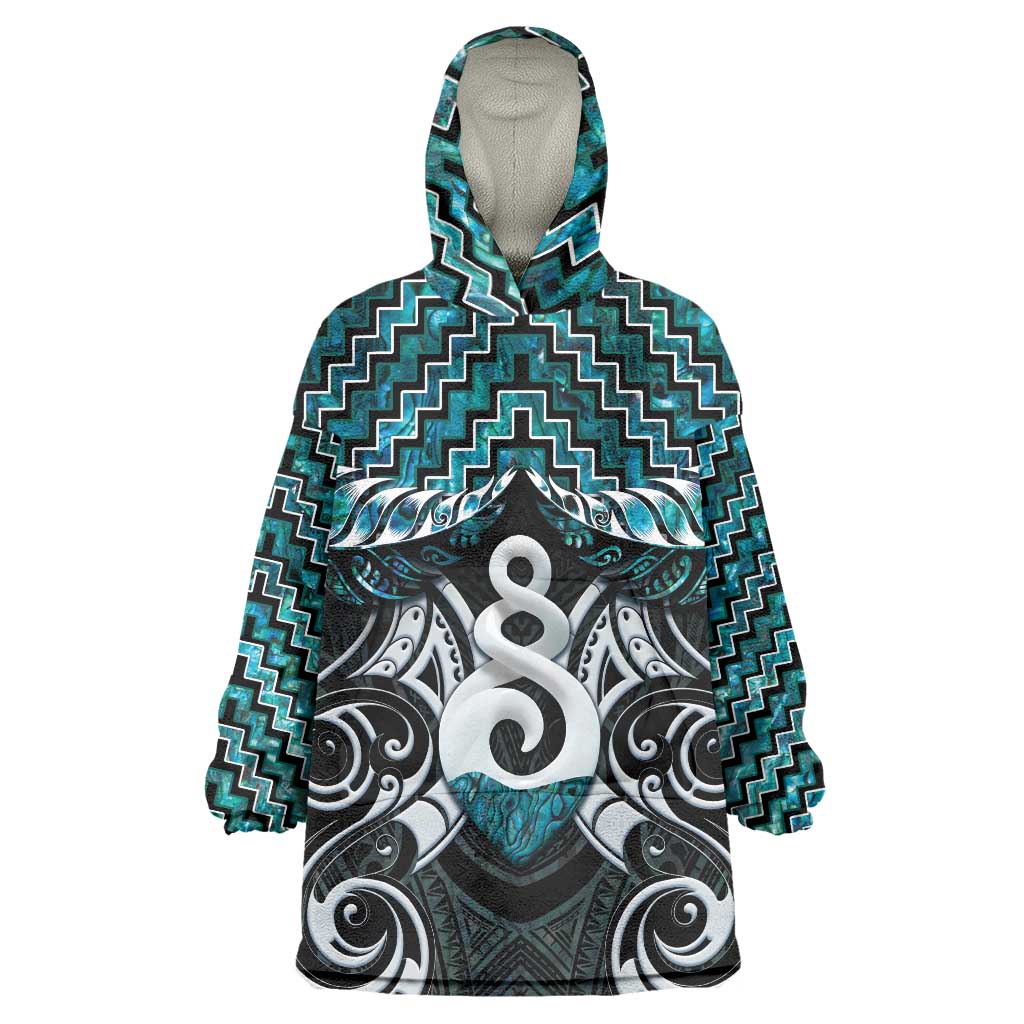 New Zealand Maori Wearable Blanket Hoodie Poutama Pikorua Turquoise Paua Shell