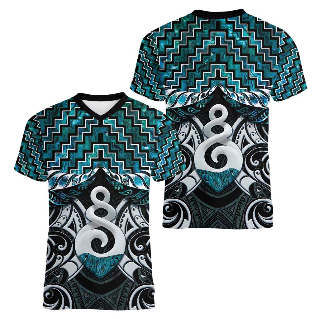 New Zealand Maori Women V-Neck T-Shirt Poutama Pikorua Turquoise Paua Shell LT05 - Polynesian Pride